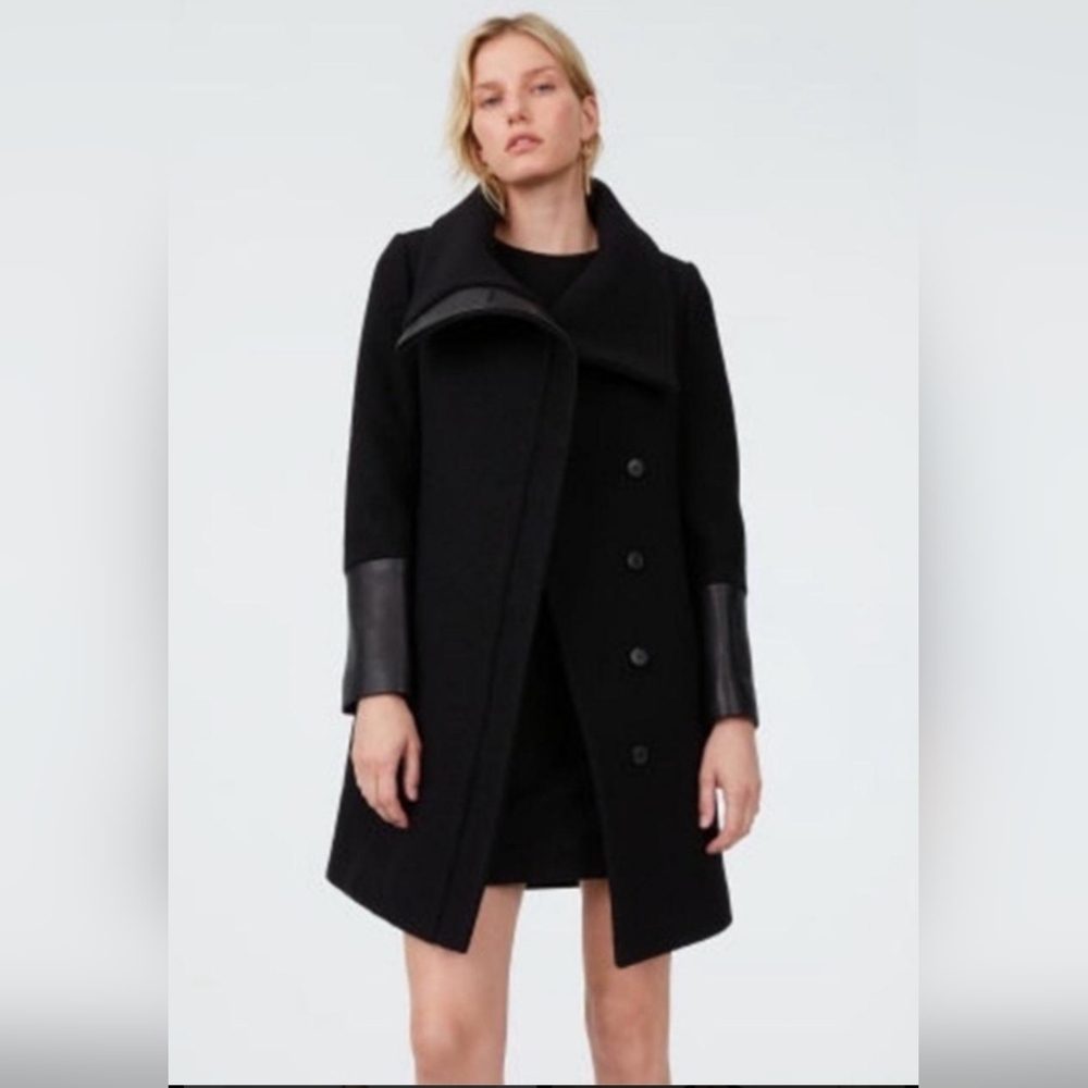 Club Monaco Eldise Italian Wool & Lamb Leather Coat XS Black